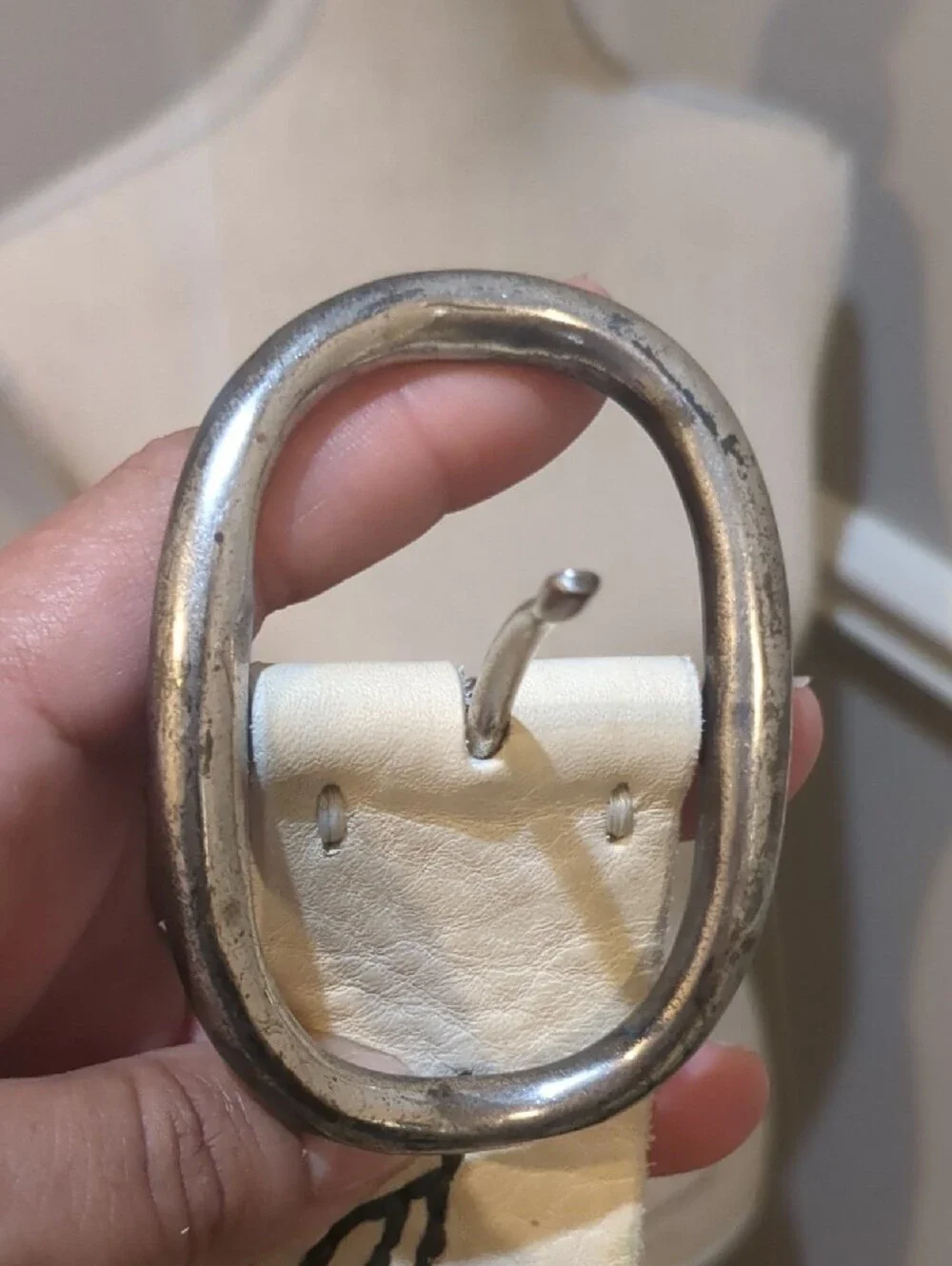 Free People Hand-Painted Cream Floral Leather Belt with Silver Buckle